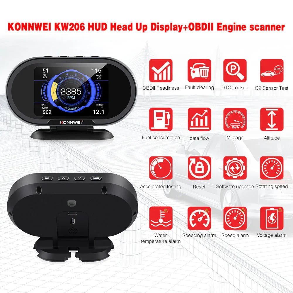 KONNWEI KW206 – HUD Auto Gauge + OBD2 Scanner med smarta varningar - Konnwei