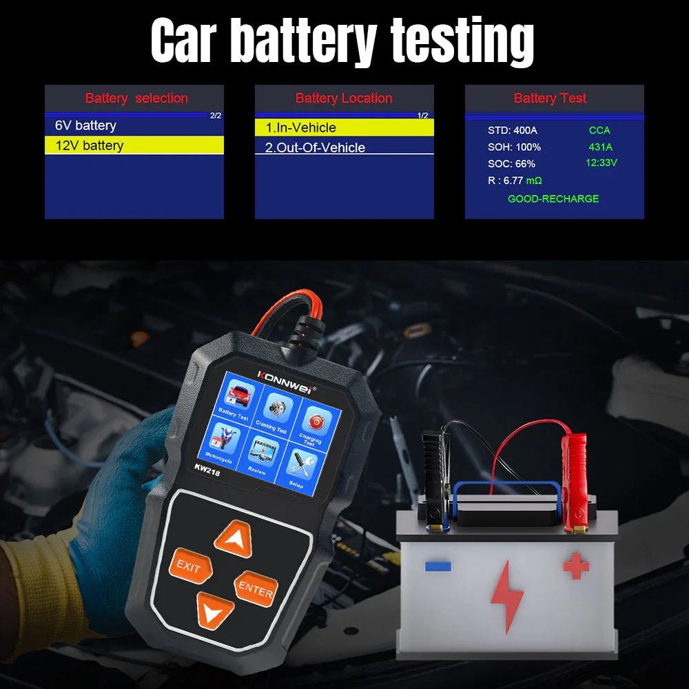 KONNWEI KW218 – Multifunktionell 6V/12V batteritestare för AGM, GEL, EFB och blysyra (bil & MC) - Konnwei