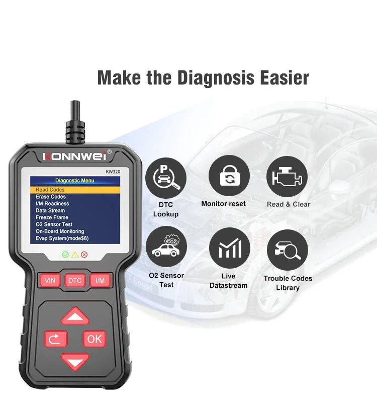 KONNWEI KW320 – OEM OBD2 - diagnos med färgskärm, Smog Check, DTC & VIN - Konnwei