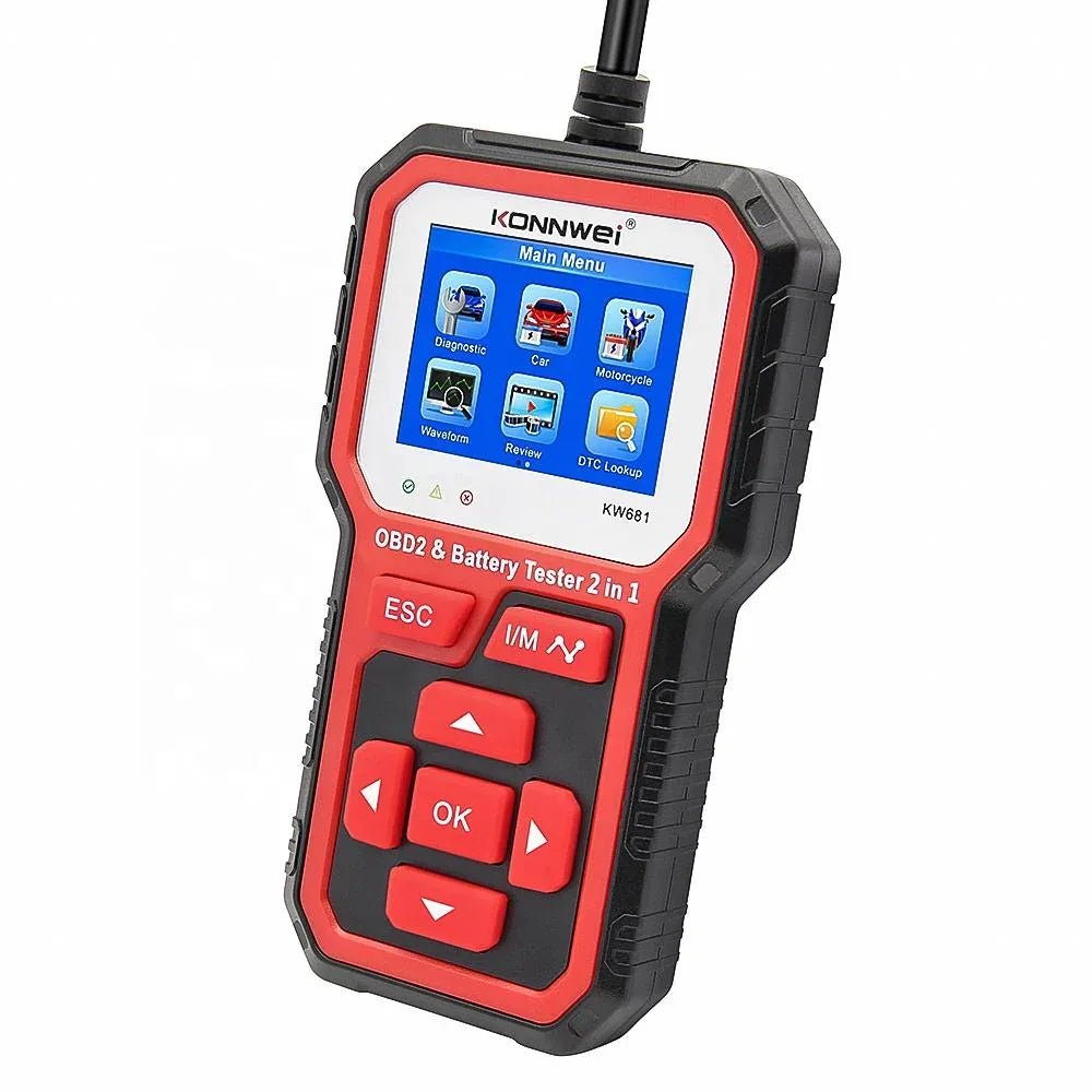 KONNWEI KW681 – OBD2 Bilscanner + Batteritestare (2 - i - 1) med färgskärm, I/M - snabbknapp, CCA/SOC/SOH & start - /laddningstest - Konnwei