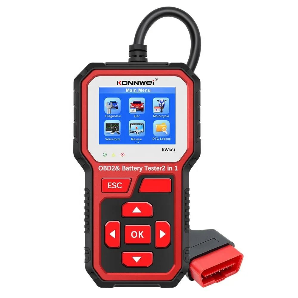 KONNWEI KW681 – OBD2 Bilscanner + Batteritestare (2 - i - 1) med färgskärm, I/M - snabbknapp, CCA/SOC/SOH & start - /laddningstest - Konnwei
