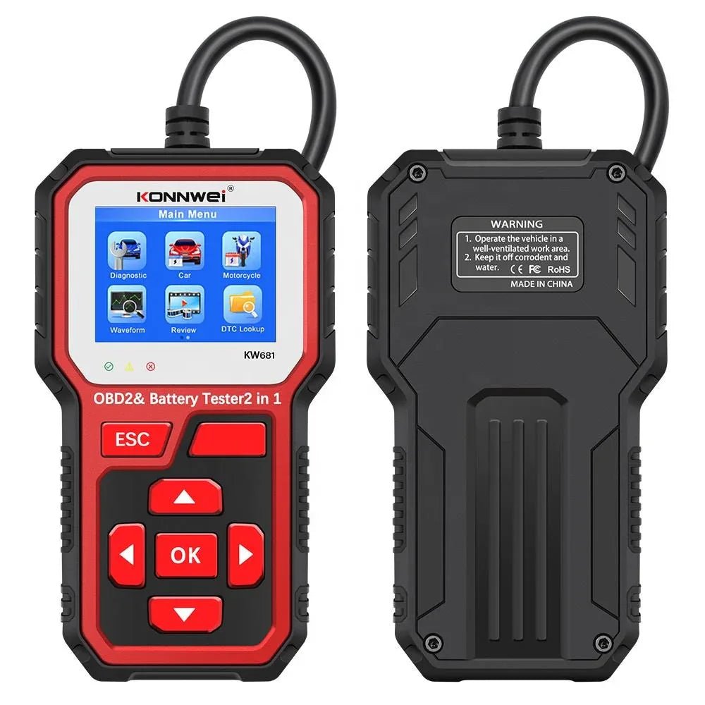 KONNWEI KW681 – OBD2 Bilscanner + Batteritestare (2 - i - 1) med färgskärm, I/M - snabbknapp, CCA/SOC/SOH & start - /laddningstest - Konnwei