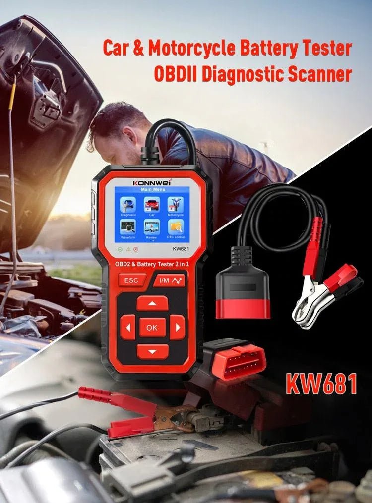KONNWEI KW681 – OBD2 Bilscanner + Batteritestare (2 - i - 1) med färgskärm, I/M - snabbknapp, CCA/SOC/SOH & start - /laddningstest - Konnwei