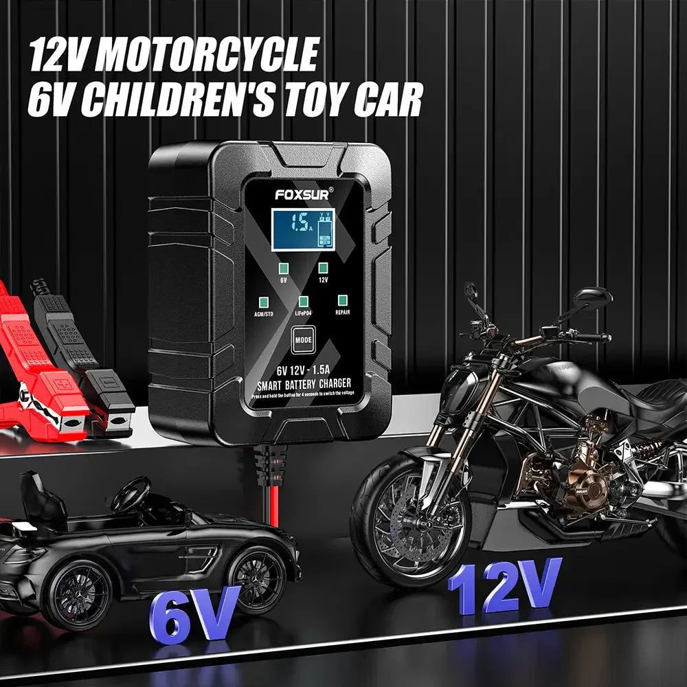 Universal Foxsur 12V Batteriladdare 6V 1.5A Automatisk Smart - Felkodsläsare