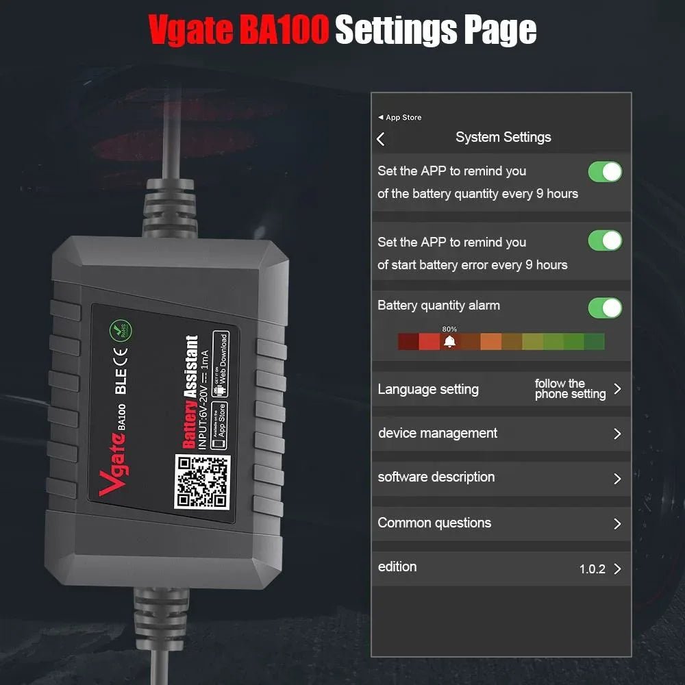 Vgate BA100 – Bluetooth batteritestare & batterimonitor 6–20V (6V/12V) för Android/iOS - Vgate