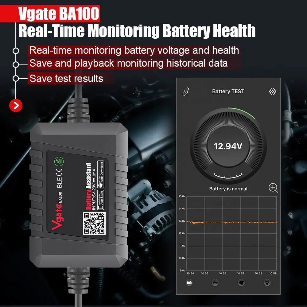 Vgate BA100 – Bluetooth batteritestare & batterimonitor 6–20V (6V/12V) för Android/iOS - Vgate