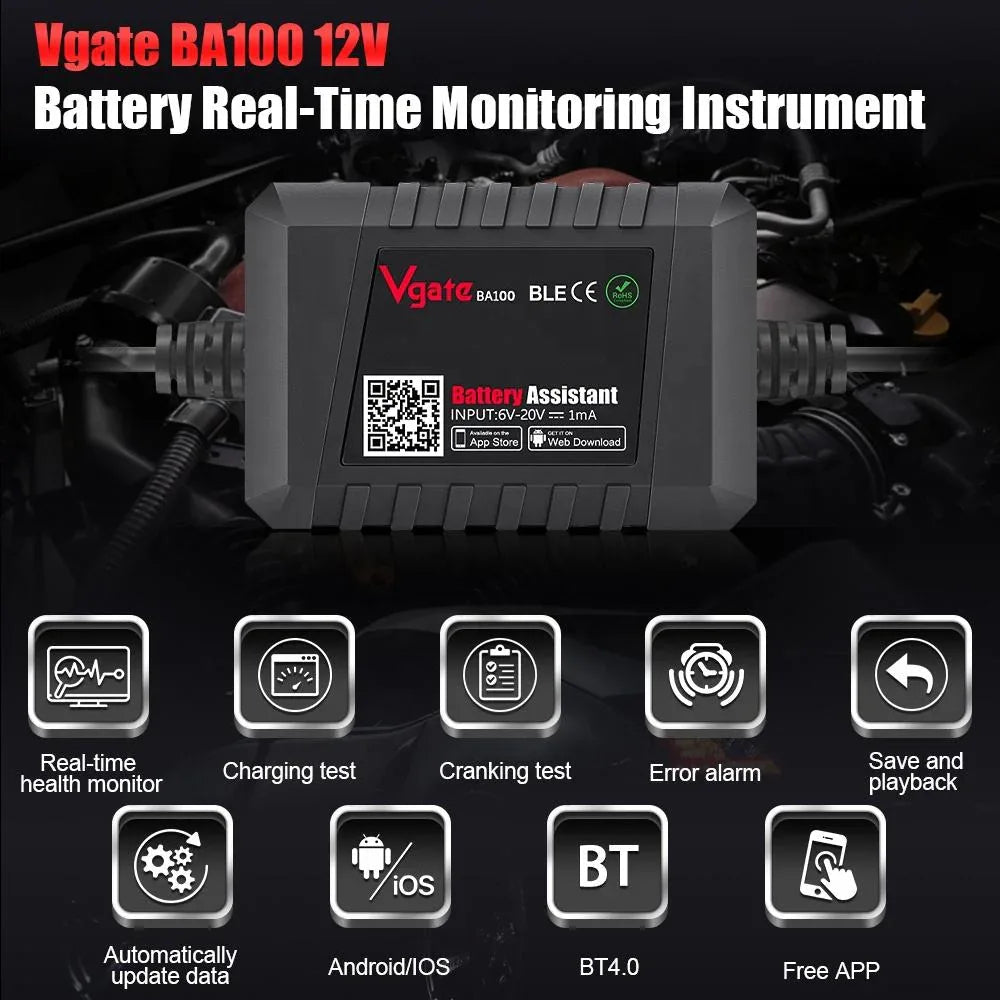 Vgate BA100 – Bluetooth batteritestare & batterimonitor 6–20V (6V/12V) för Android/iOS - Vgate